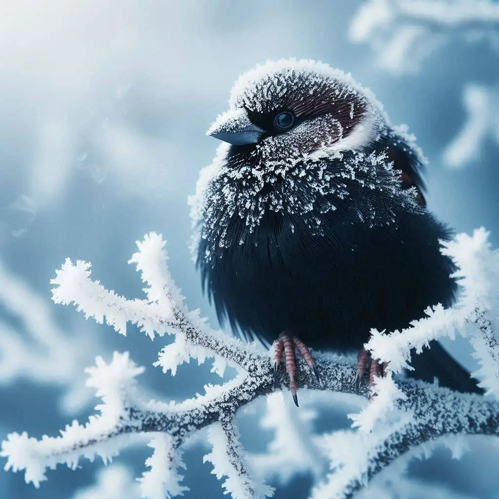 sparrow black frost in the winter