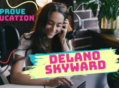 Girl studying with laptop and the text Delano Skyward showing