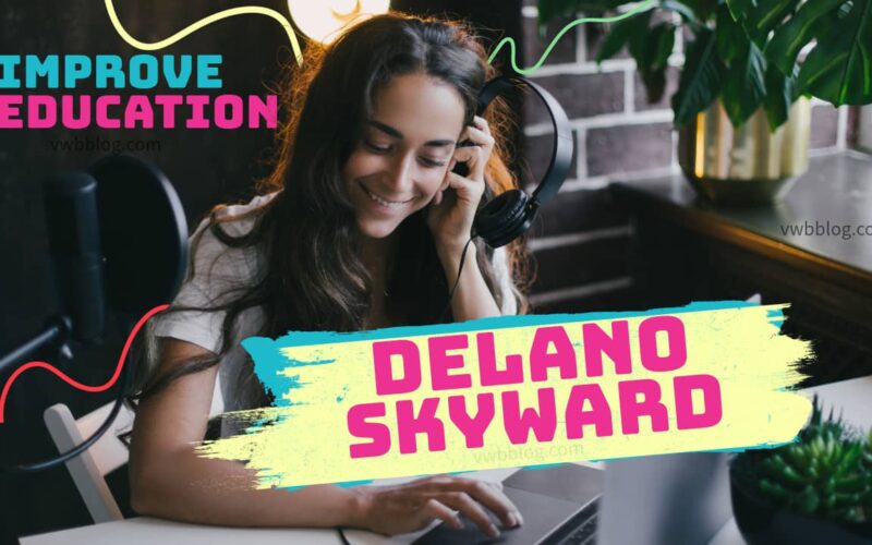 Girl studying with laptop and the text Delano Skyward showing